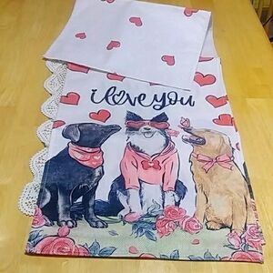 Valentine's Day Table Runner, Floral, Colorful Doggies